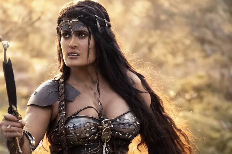 Prompt: photo of salma hayek as beautiful barbarian warrior princess in a battle scene, detailed eyes, shallow depth of field, photorealistic, cinematic lighting, lovely bokeh, warm colours, dusk