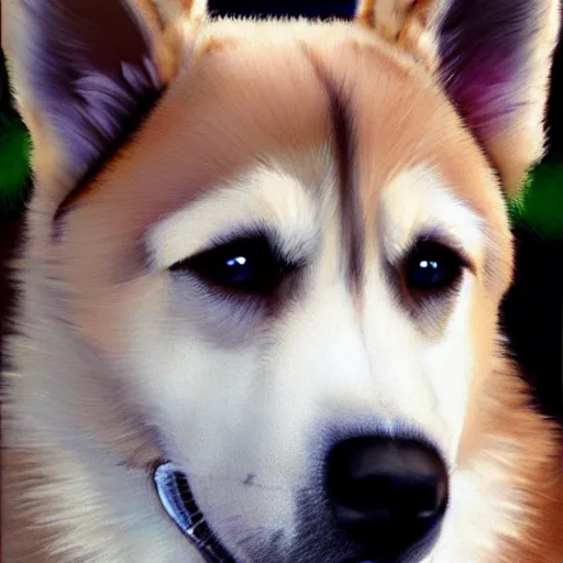 Image similar to a puppy portrait, husky, german shepherd, pit bull mix, blue eyes, caramel brown ears, symmetrical, vertical broad white stripe on face, realistic, cute, beautiful, detailed, artstation