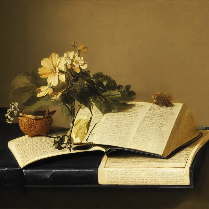 Image similar to still life painting of large book and greenery by pieter claesz, oil on canvas, strong lighting, highly detailed, hyper realism, golden hour, god rays, hd, 4 k