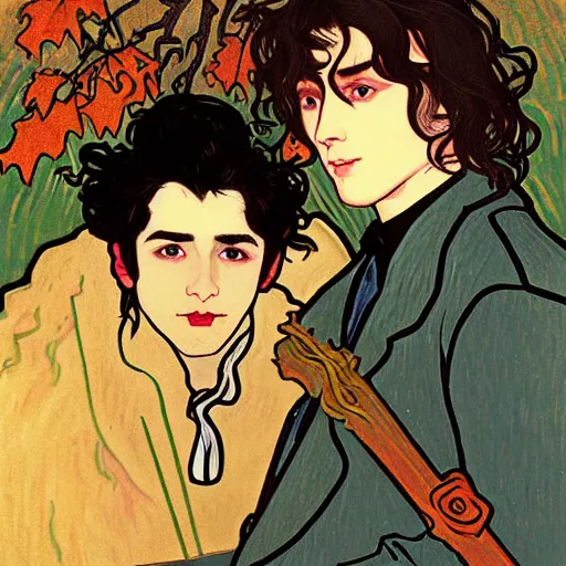 Image similar to painting of young cute handsome beautiful dark medium wavy hair man in his 2 0 s named shadow taehyung and cute handsome beautiful min - jun together at the halloween witchcraft party with bubbling cauldron, melancholy, autumn colors, elegant, painting, stylized, gorgeous eyes, soft facial features, delicate facial features, art by alphonse mucha, vincent van gogh, egon schiele