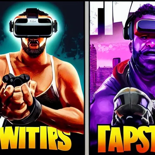 Image similar to cinematic poster art of wrestlers wearing vr headsets, gta cover, apex legends, tap out, halo, fortnite, ufc, digital illustration by basil gogos