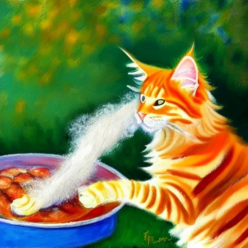 Image similar to beautiful impressionist painting of an orange maine coon with a white beard cooking some sausages on a pan