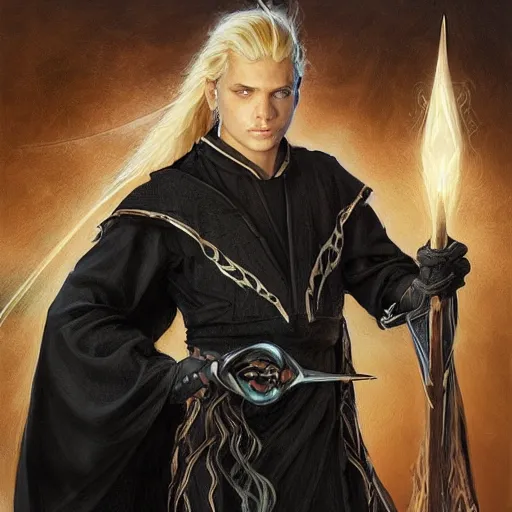 Prompt: Young, handsome wizard with a blonde ponytail wearing exquisite black robes, a spider cloak and wielding a legendary staff of light, fantasy D&D character, portrait art by Donato Giancola and Bayard Wu, digital art, trending on artstation, 4k