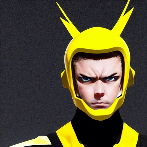 Image similar to symmetry!! portrait, head and body, yellow ranger, thunderbolt shaped eyeshade!!, artstation, art by murata, art by oda echiiro, art by tatsuki fujimoto, lightning helmet, 3 d, jumpsuit, gloves, futuristic poster,