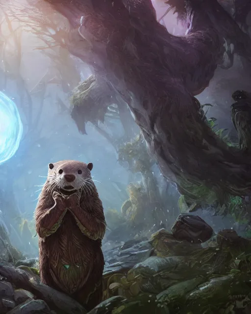 Image similar to Otter Shapeshifter Druid Mage, D&D, artstation, fantasy, magic the gathering artwork, cinematic lighting, centered, symmetrical, highly detailed, digital painting, , concept art, smooth, sharp focus, illustration, volumetric lighting, epic Composition, 8k, art by Akihiko Yoshida and Greg Rutkowski and Craig Mullins, oil painting, cgsociety