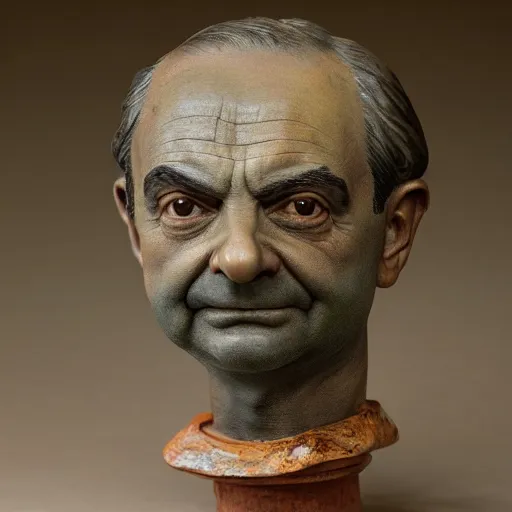 Image similar to hyper realistic closeup bust of a new england fisherman, mr. bean, painted, colorized, bossons vintage chalkware, by emile renouf
