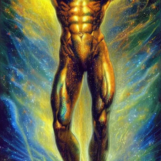 Prompt: full muscular body male made of gemsl with golden feathers ,thunder, shining light, nebulas, god rays by Karol Bak, Ayami Kojima, Amano