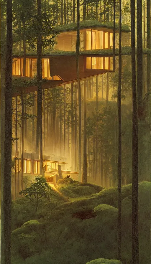 Image similar to cozy ultra modern home in the woods moody lighting, highly detailed, painting by zdzisław beksinski and norman rockwell and greg rutkowskiweta studio, and lucasfilm