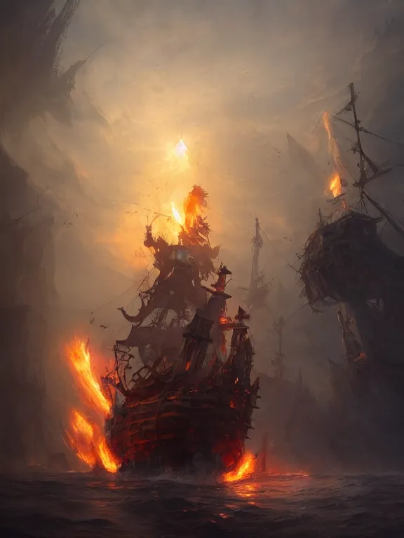 Image similar to photo of 8k ultra realistic pirate ghost ship on fire, full of colour, cinematic lighting, battered, trending on artstation, 4k, hyperrealistic, focused, extreme details,unreal engine 5, cinematic, masterpiece, art by Peter Mohrbacher