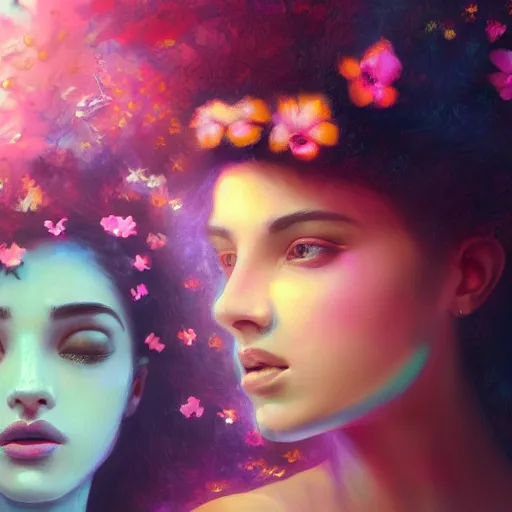 Image similar to portrait of the two most beautiful women surrounded by soft florals, vaporwave lighting, dewy skin, concept art, high detail, beautiful, dreamy, procreate