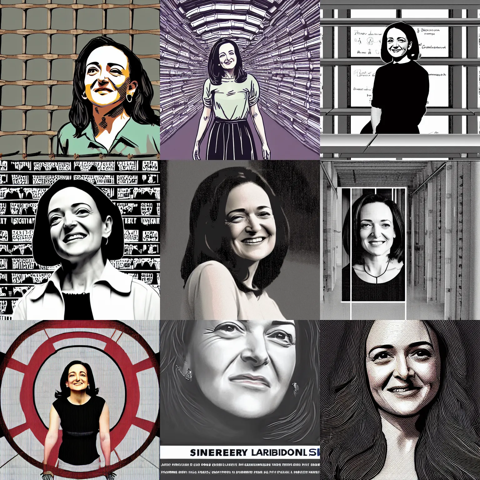 Prompt: Sheryl Sandberg watching over prisoners in The Panopticon, digital art