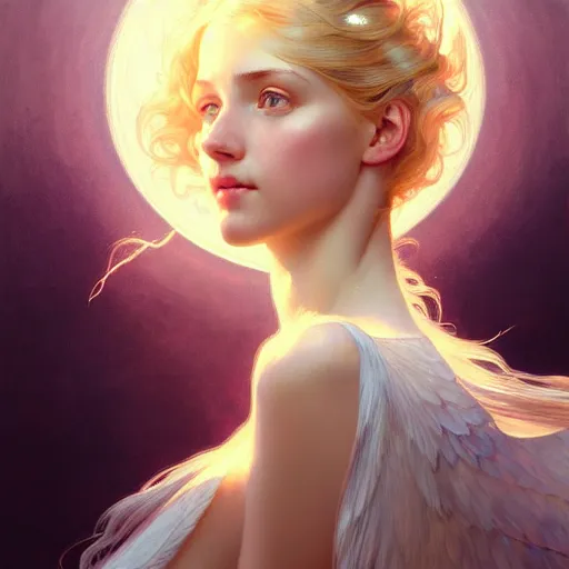 Prompt: Portrait of a girl with blonde hair, a glowing halo, a sheer translucent vale, huge highly detailed wings, fantasy, intricate, elegant, highly detailed, digital painting, artstation, concept art, smooth, sharp focus, illustration, art by Krenz Cushart and Artem Demura and alphonse mucha