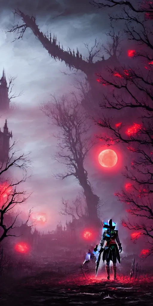 Image similar to abandoned bloodborne old valley with a person at the centre and a ruined city at the end, trees and stars in the background, falling red petals, epic red - orange moonlight, perfect lightning, illustration by niko delort and kentaro miura, 4 k, ultra realistic