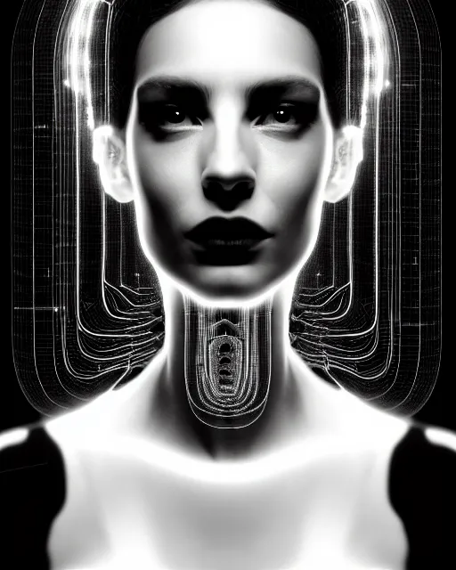 Image similar to black and white cyborg-plant goddess high quality photo, microchip, artificial intelligence, bio-mechanical bio-luminescence, black wired cables, neurons, nerve cells, octane render, cinematic, rim light, hyper realism, photo-realistic, high detail, 8k, masterpiece, high fashion, in the style of Steven Meisel and Dora Maar and H.G. Giger