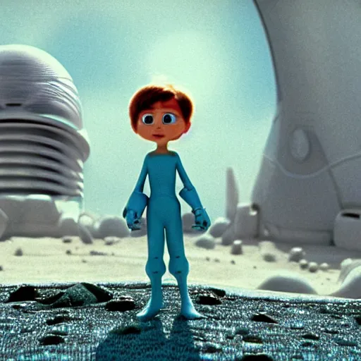 Prompt: a cinematic film still from an Award Winning 2001 Pixar movie about a futuristic city on the moon where anthropomorphic star beings live, aesthetic, in the style of Pixar, shallow depth of focus