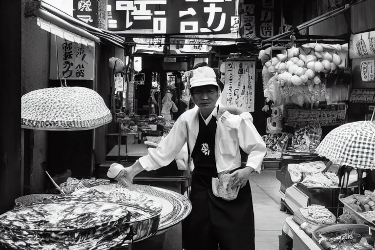 Image similar to still photo of a japanese street vendor, black and white color aesthetic, highly detailed, photorealistic portrait, bright studio setting, studio lighting, crisp quality and light reflections, unreal engine 5 quality render