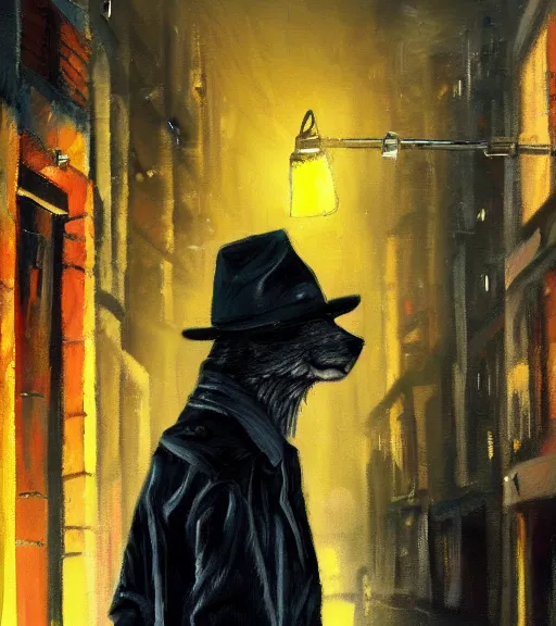 Prompt: wolf detective in a raincoat and a hat standing in a empty alley, smoking a cigarette, being illuminated by yellow street lights behind. oil painting. trending on artstation.