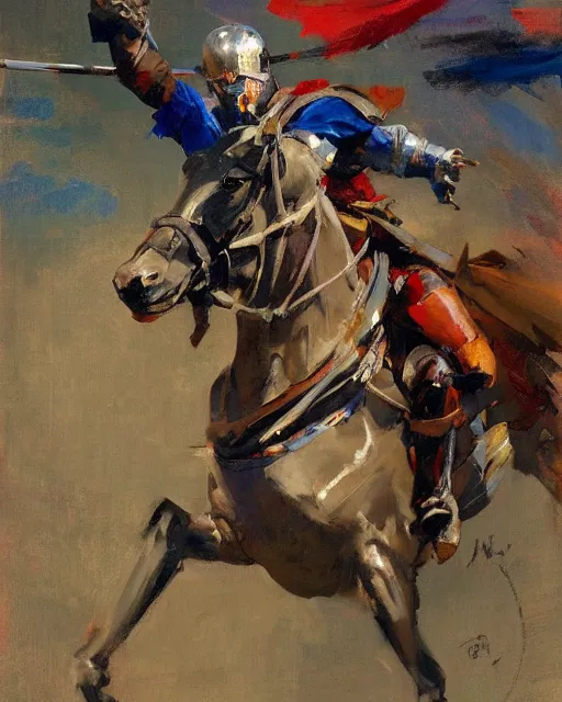 Image similar to close - up portrait of colorful rider pointing jousting lance at camera, caparisons, galloping, chainmail, by greg manchess, bernie fuchs, ruan jia, walter everett