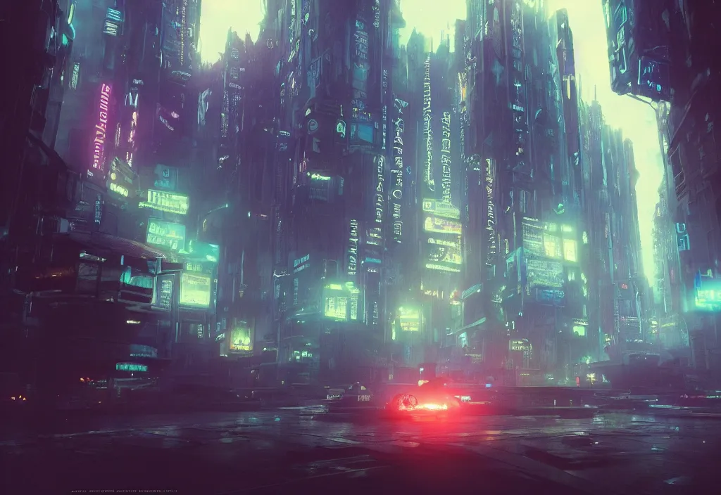 Image similar to a dramatic epic ethereal stunning beautiful and insanely detailed matte painting of a Blade Runner movie still, lens flares, atmospheric and vaporwave composition, digital art by Kilian Eng and Simon Stalenhag, winning-award masterpiece, fantastic, octane render, 8K HD Resolution, High quality image