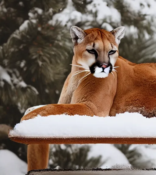 Image similar to postcard showing 'a cougar sleeping in the middle of snowy pine tree' laying on coffee table and ripped up, zoomed out shot, HD, iphone capture