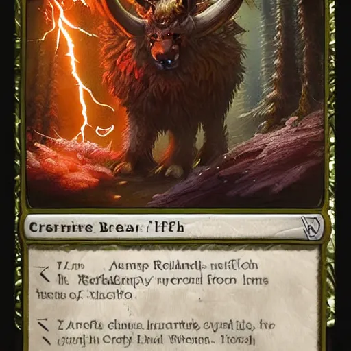 Prompt: creature fluffy animal with horns and short legs and arms and red eyes (((hoof))), forest scene, highly detailed, cinematic lightning, epic fantasy style art, hearthstone style card art