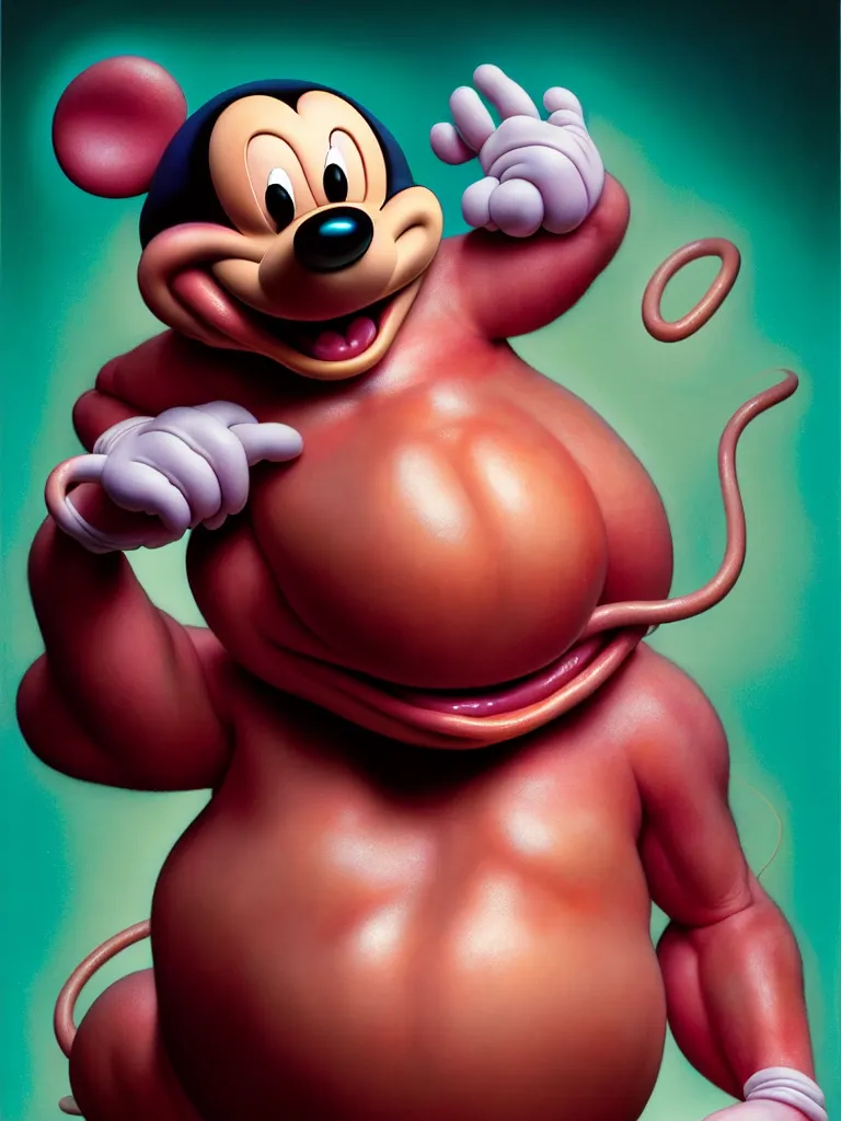 Image similar to hyperrealistic rendering, fat smooth cronenberg flesh monster mickey mouse by donato giancola and greg rutkowski and wayne barlow and zdzisław beksinski, product photography, action figure, sofubi, studio lighting, colored gels, colored background