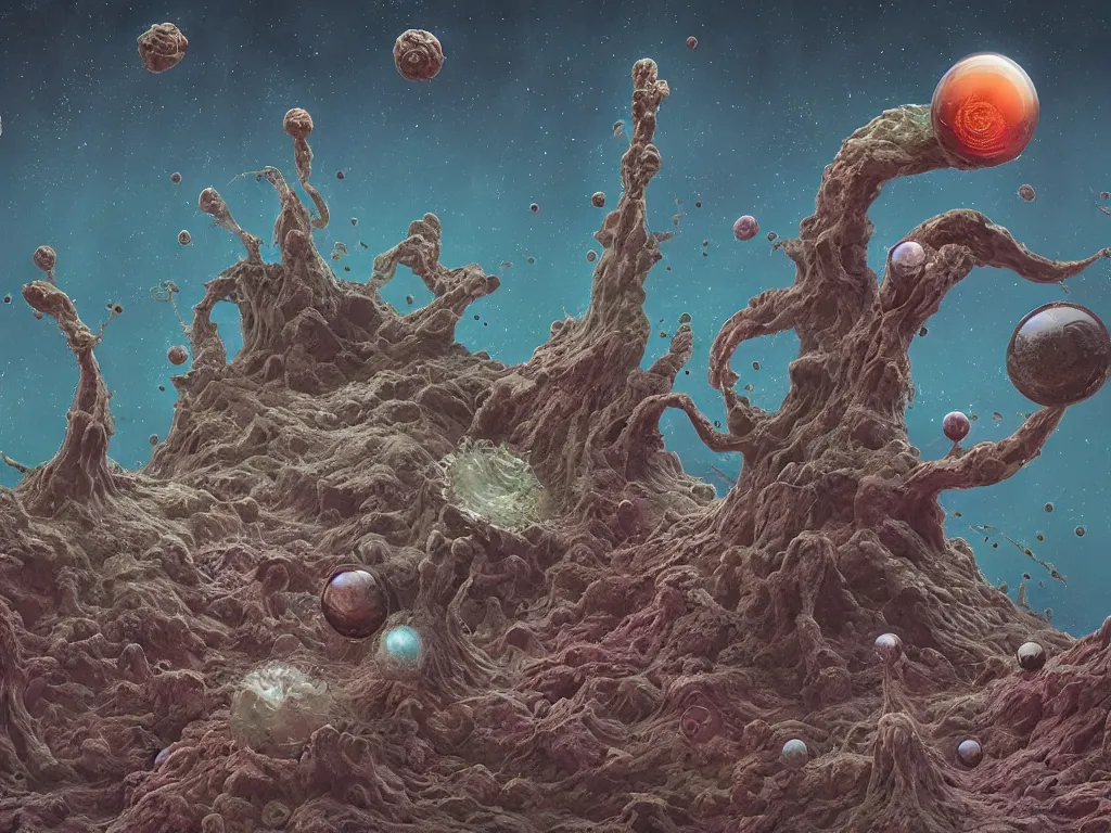 Prompt: it came from outer space by Beeple:4, a 8k instax film rendered in Unreal Engine:2, collaboration between Zdzisław Beksiński and Salvador Dalí:2, a micrograph of mutant chlorociboria spores and hyphae:2, interstellar earthstar geastrum enigma:3