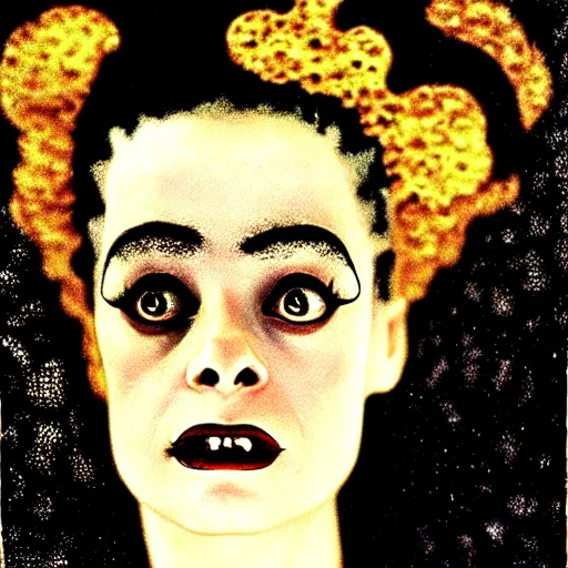 Image similar to a dramatic cinematic portrait photograph of bride of frankenstein influenced by gustav klimt.