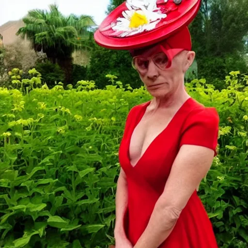 Prompt: Walter white wearing a red dress and a cute flower hat