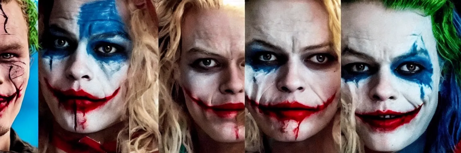 Prompt: heath ledger as the joker on the left, margot robbie as harley quinn on the right, cinematic, close up, anomorphic lens, low lighting