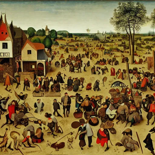 Prompt: the busy world of richard scary in the style of pieter bruegel the elder