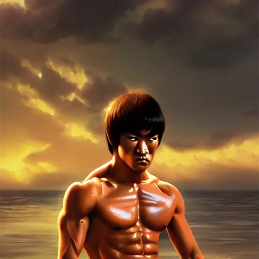 Image similar to bruce lee meditating on beach, extremely detailed, artstation, 8 k, sensual lighting, incredible art, wlop, artgerm