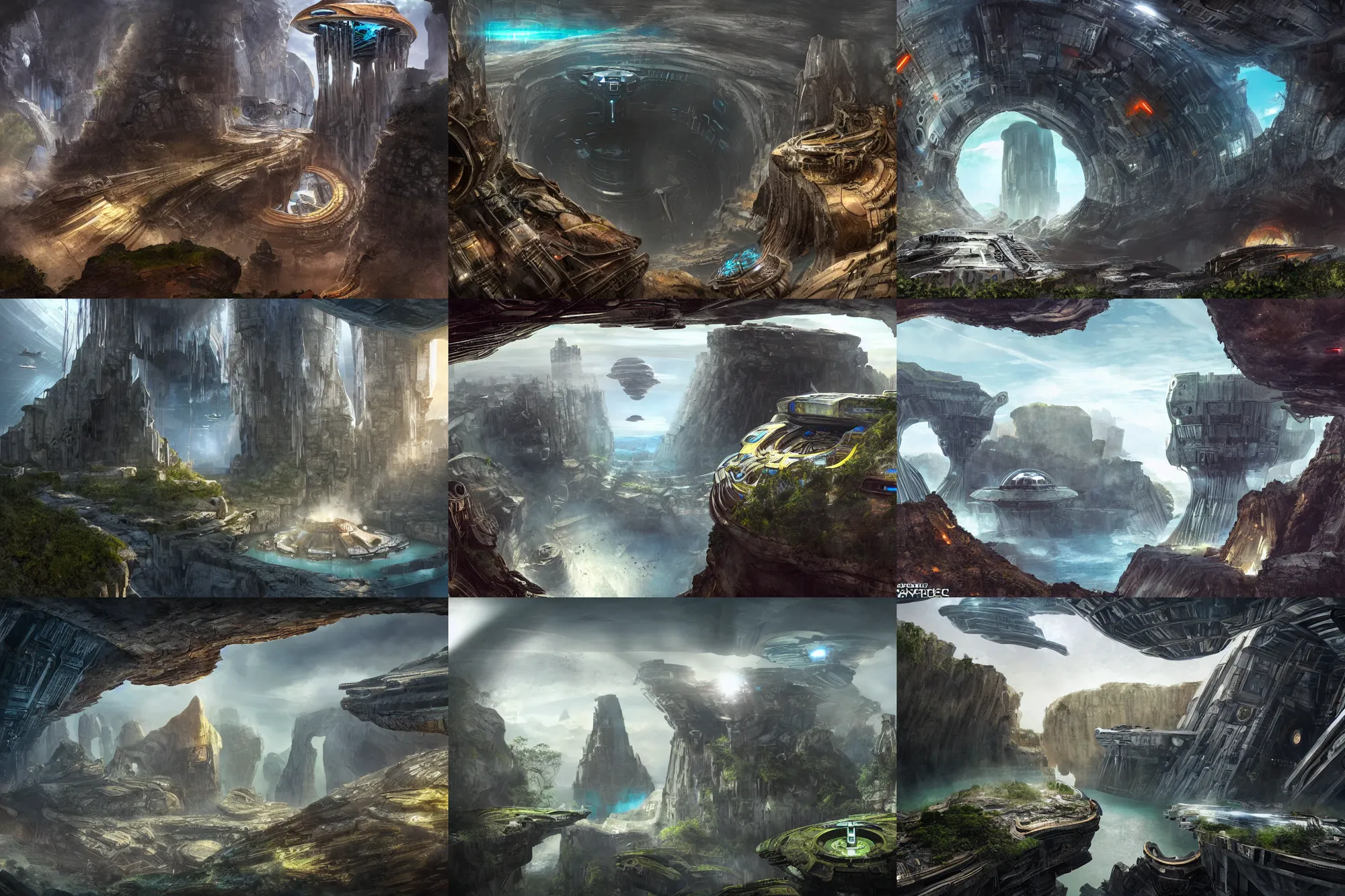Prompt: a massive cenote hole in the ground, hundreds of large futuristic steampunk modern halo, mass effect, star wars futuristic buildings built on and around the cliff wall, large towering and cylindrical steampunk central tower in the middle, mattepainting, concept art, future architecture