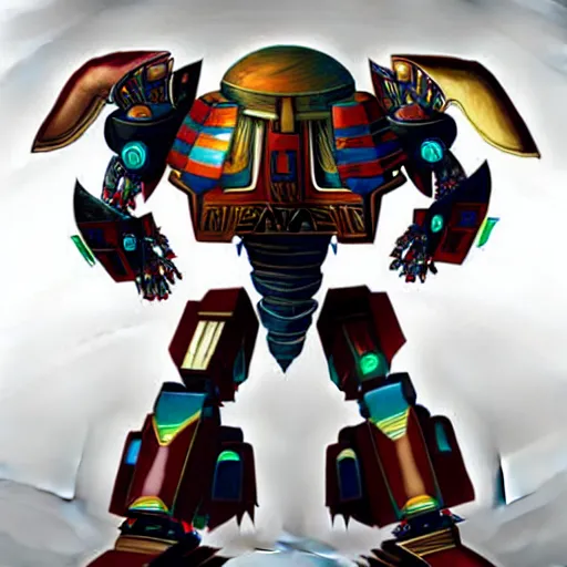 Image similar to Colossal Culturally Egyptian Jaeger Mech named Khepri Atlas from Pacific Rim with large scarab-like head with red orb, Hugo Martin Concept Art