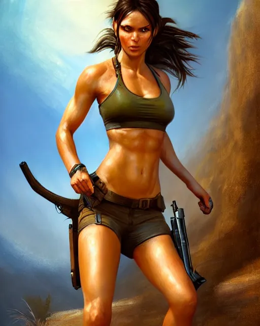 Image similar to lara croft, perfect face, bikini, abs, cinematic, stunning, athletic, strong, agile, highly detailed, beach, psychedelic, digital painting, artstation, smooth, hard focus, illustration, art by jessica rossier and and brian froud
