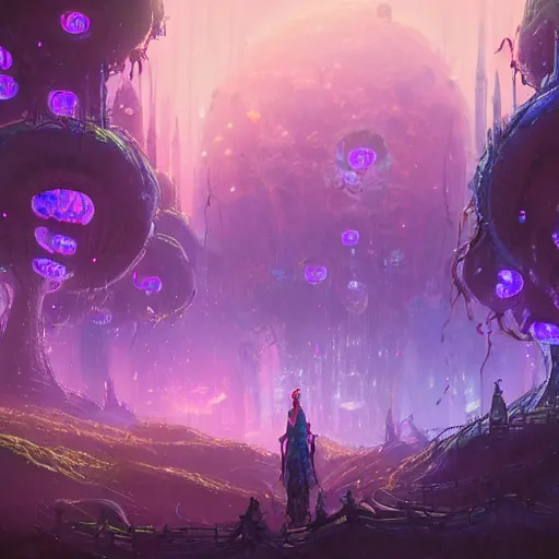 Image similar to concept art detailed painting of a dark purple fantasy fairytale fungal city made of mushrooms, with glowing blue lights, in the style of jordan grimmer and neil blevins and wayne barlowe