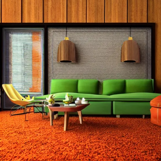 Image similar to 1 9 7 0 s interior, living room, retro, vintage, architecture, wood panel walls, green shaggy carpet, orange and brown touches, realistic, natural lighting