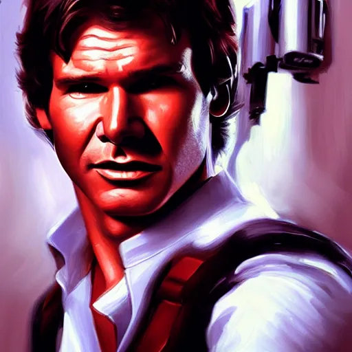 Prompt: harrison ford, han solo chest down, oil painting, artgerm, portrait, highly detailed, artstation