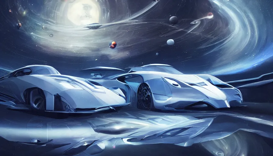 Image similar to white and royal blue luxurious concept sportscar driving down on a luxurious road on interstellar solar system with nearby planets seen from the distance, advanced highway, star trek style, by peter mohrbacher, jeremy mann, francoise nielly, android james, ross tran, beautiful, award winning scenery, 8 k quality, clean details, serene, sakura season