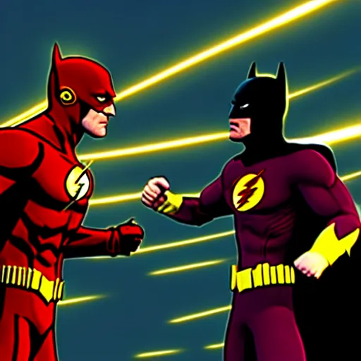 Prompt: ultra detailed fight between batman and the flash, unreal engine, extremely detailed, epic, dark