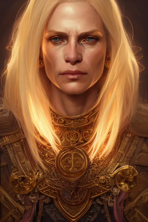 Prompt: portrait of a middle aged blonde haired woman in the style of god of war, golden machine parts, intricate, elegant, highly detailed, digital painting, artstation, concept art, smooth, sharp focus, illustration, art by artgerm and greg rutkowski and alphonse mucha, 8 k