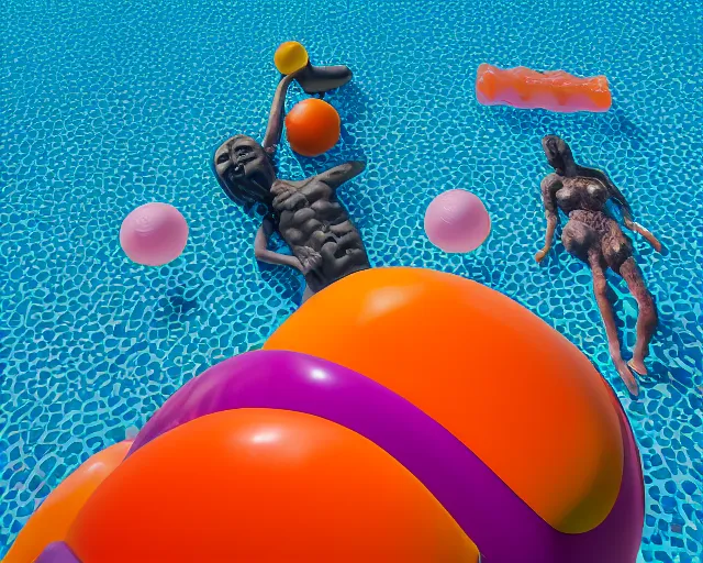 Image similar to a long shot of a giant award winning sculpture of a human head made out of a huge amount of inflatable pool toys, on the surface of the ocean, in the style of chad knight, hyper detailed, hyper realistic, ray tracing, 8 k resolution, sharp focus, realistic water