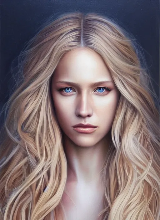 Image similar to a painting of a woman with long blonde hair, a photorealistic painting by magali villeneuve, featured on cgsociety, fantasy art, detailed painting, photorealistic