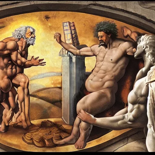 Prompt: Einstein talking with Thor and Prometheus about nuclear physics, in the style of the cistine chapel by Michelangelo