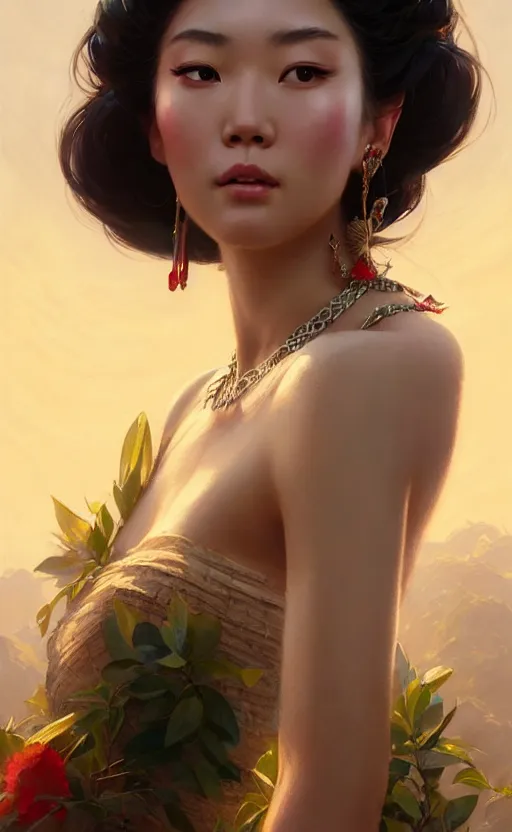 Image similar to a beautiful taiwan goddess with sundress with jewelry | | winter, realistic shaded, unpleasant face, good looking, fine details, realistic shaded lighting poster by greg rutkowski, magali villeneuve, artgerm, jeremy lipkin and michael garmash and macoto takahashi