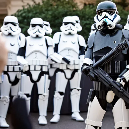 Image similar to Obama infront of an leading Army of Stormtrooper attacking the White house, Obama has a red lightsaber in his right hand, high field of view, focus is on Obama and the Stormtrooper behind him, 40nm lens, shallow depth of field, split lighting, 4k,