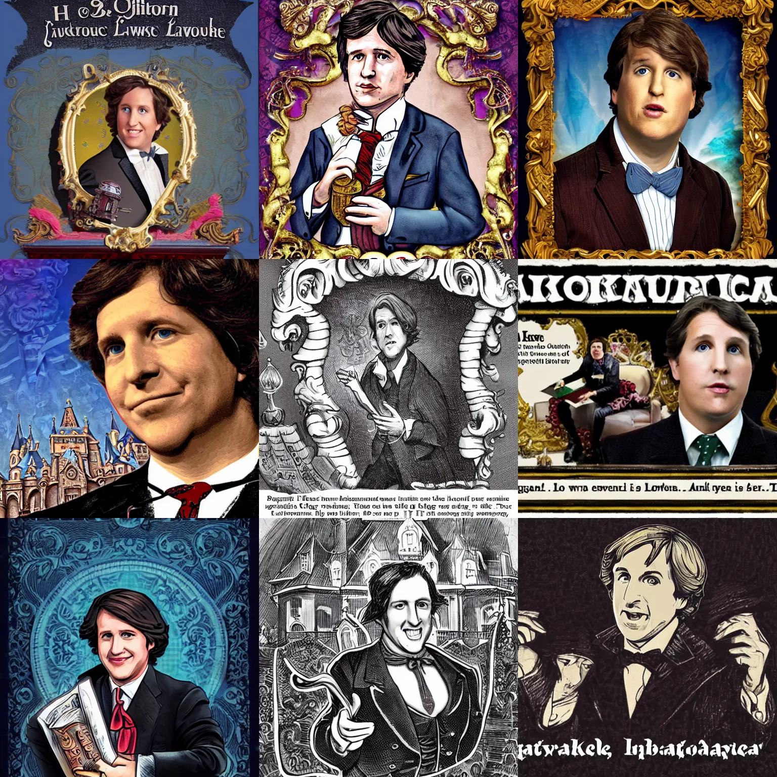 Prompt: baroque Disneyland advertisement featuring Tucker Carlson in the style of H.P. Lovecraft