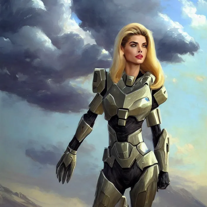 Prompt: A combination of Adriana Dxim's and Grace Kelly's and Ashley Greene's appearances with blonde hair wearing Forerunner armor from Halo, countryside, calm, fantasy character portrait, dynamic pose, above view, sunny day, thunder clouds in the sky, artwork by Jeremy Lipkin and Giuseppe Dangelico Pino and Michael Garmash and Rob Rey and Greg Manchess and Huang Guangjian, very coherent asymmetrical artwork, sharp edges, perfect face, simple form, 100mm