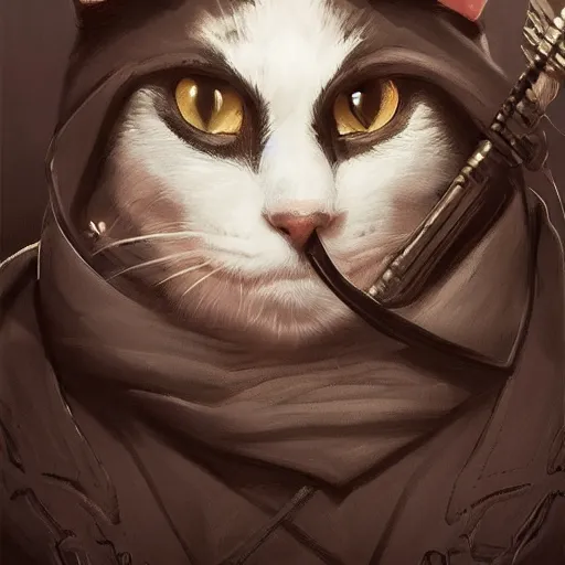 Image similar to portrait, male humanoid cat, eye patch on one eye, black fur, pirate, doctor, pirate clothes, d & d, fantasy, intricate, elegant, highly detailed, digital painting, artstation, concept art, matte, sharp focus, illustration, art by artgerm and greg rutkowski and alphonse mucha