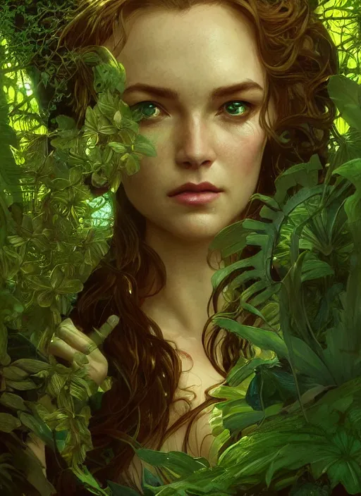 Prompt: an evocative portrait of the emerald herald in tropical forest, tone mapped, shiny, intricate, cinematic lighting, highly detailed, digital painting, artstation, concept art, smooth, sharp focus, illustration, art by terry moore and greg rutkowski and alphonse mucha